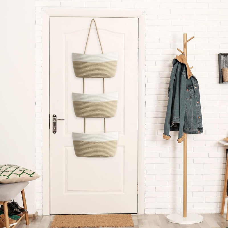 TeoKJ Over the Door Hanging Basket, 3-Tier Woven Cotton Wall-Mounted Storage Organizer Bag Decorative Hanging Kitchen Baskets - White + Jute - Image 5